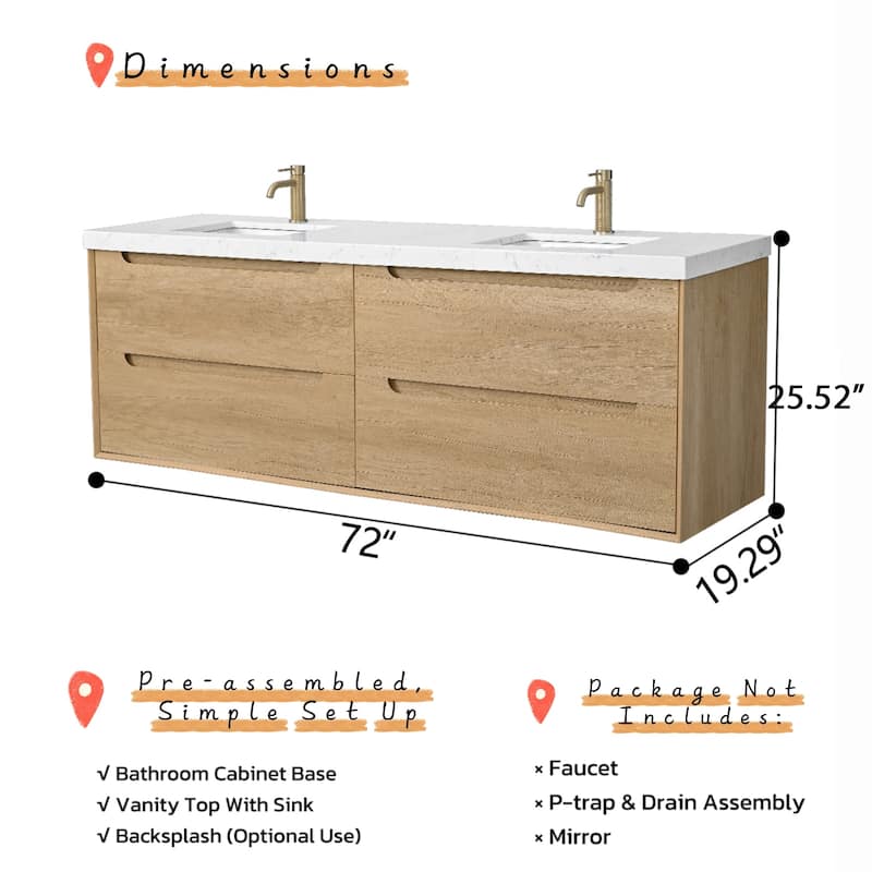 Prismis 60" 72" 84" Wall-Mount Premium Bathroom Vanity with Quartz Top