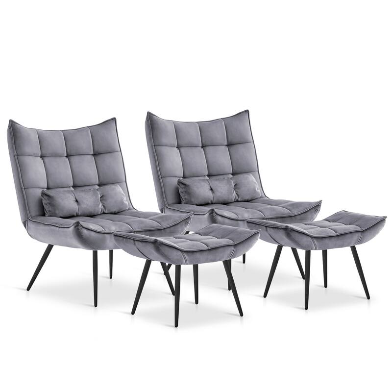 MCombo set of 2 Accent Chair with Ottoman, Velvet Tufted Wingback Chair 4079 - Grey