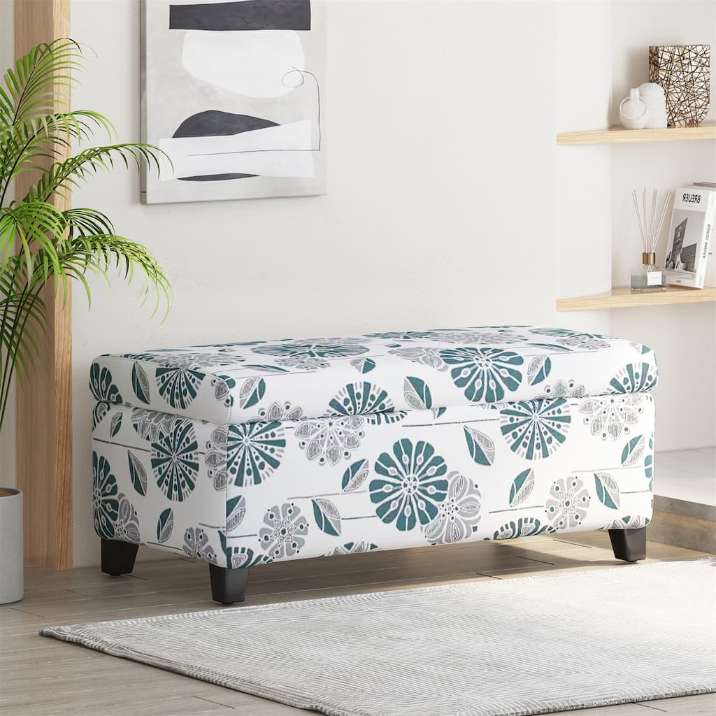 Storage Ottoman with Floral Patterned Fabric and Soft-Close Hinges, Multi-Functional Footrest & Seat