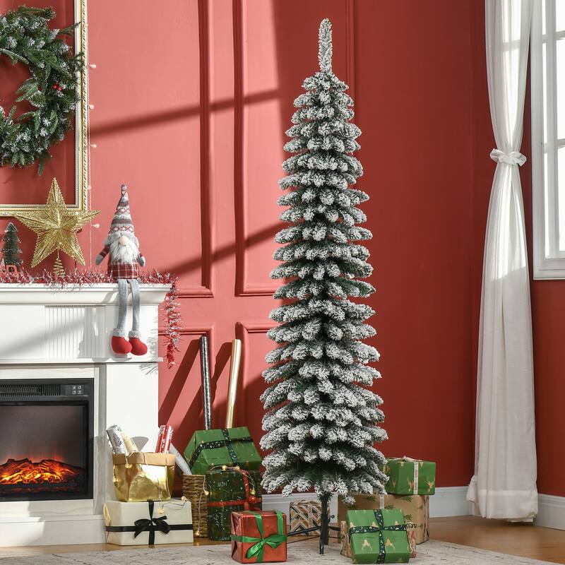 HOMCOM 6' Slim Flocked Christmas Tree with Stand - 8 Foot - Green