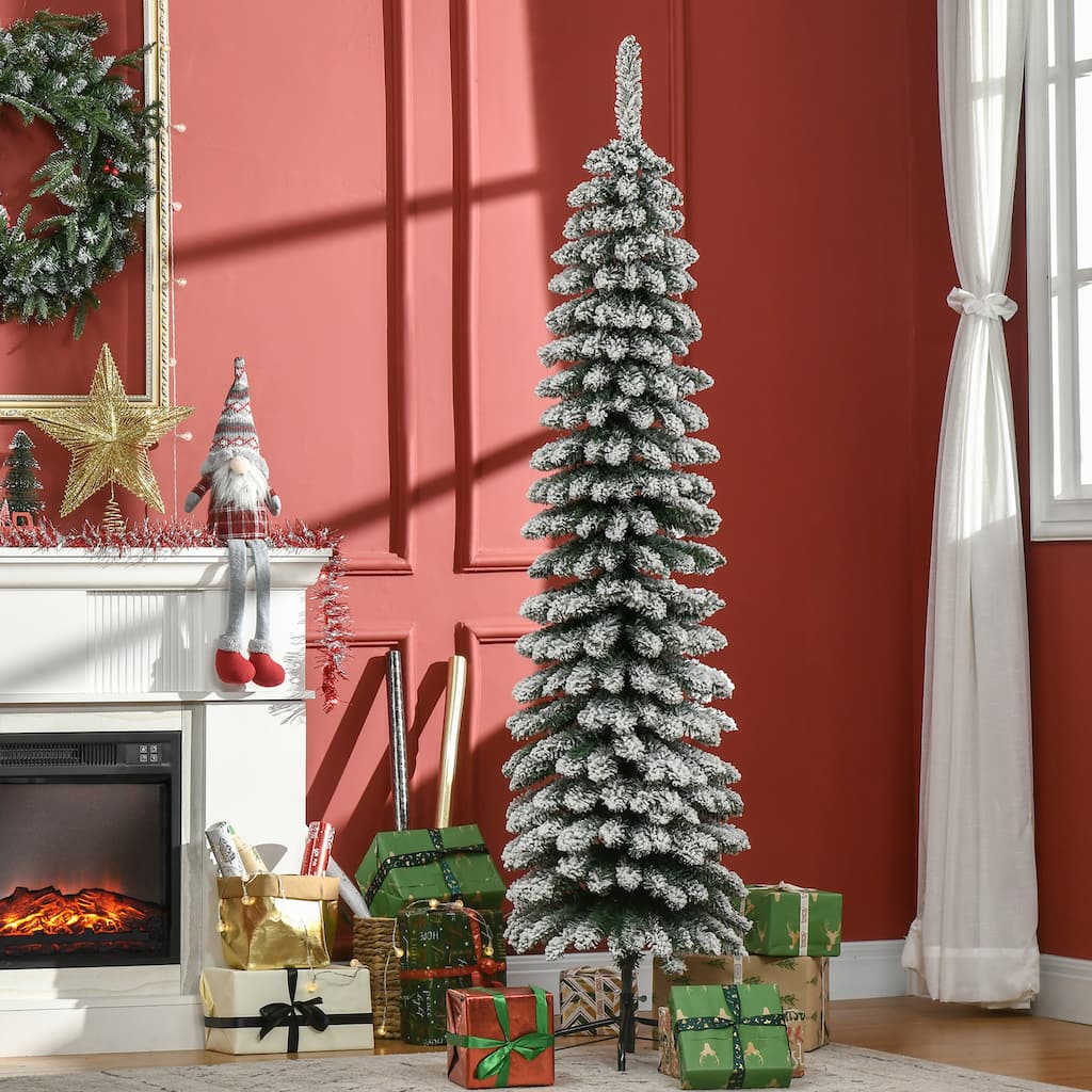 HOMCOM 6' Slim Flocked Christmas Tree with Stand