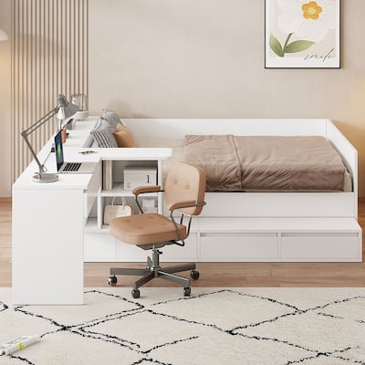 Wooden Full size Platform Bed with 6 Drawers, Shelves and Dressing Table