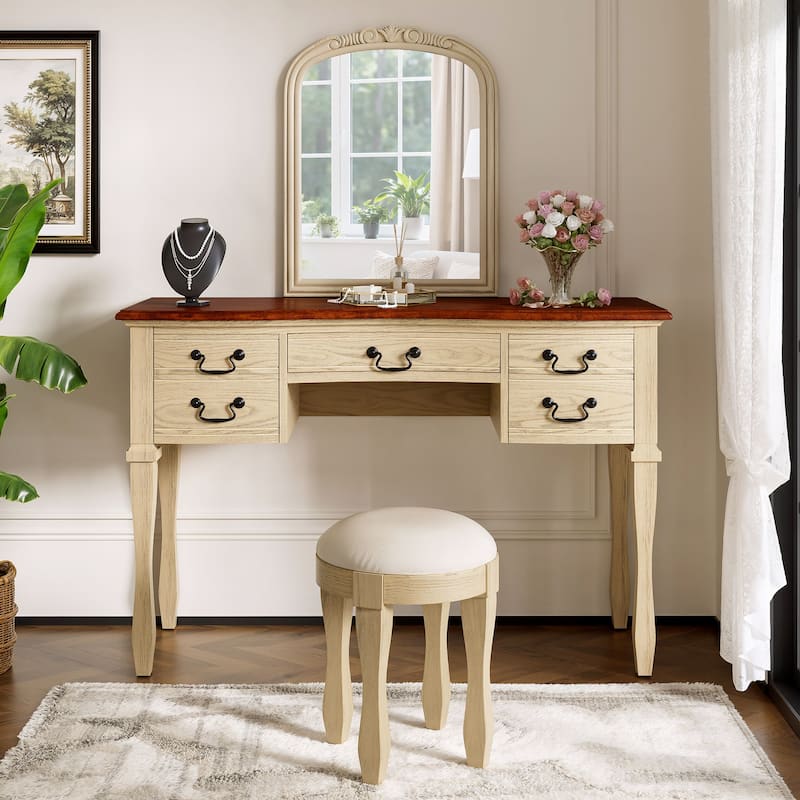 Roomfitters 46" Makeup Vanity with Mirror and Stool, French Country Dressing Table Desk with 5 Drawers, Brown+Antique White - Brown + Antique White