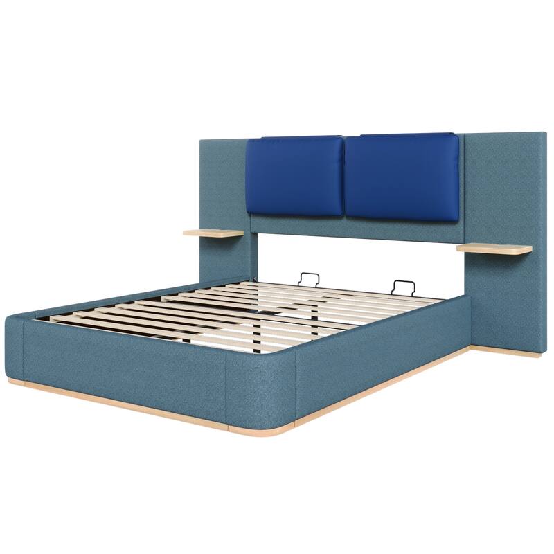 Queen Upholstered Platform Bed with Storage, Soft Rounded Corners, No Box Spring Needed, Easy Assembly, Blue