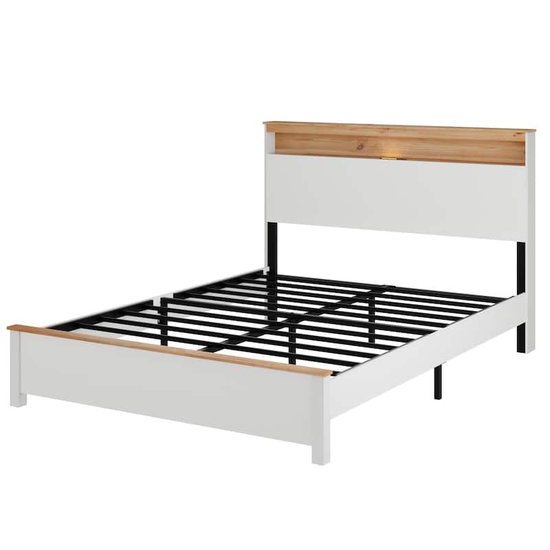 Classic White Low Profile Bed Rustic Farmhouse Platform Bed Frame with Storage Headboard Built-in Charging Station, Touch Light