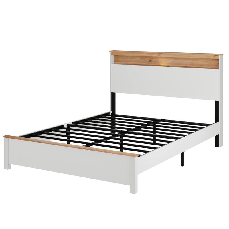 Farmhouse Wooden Bed Frame with Metal Slats, Modern LED Platform Bed Frame with Storage Headboard and Charging Station
