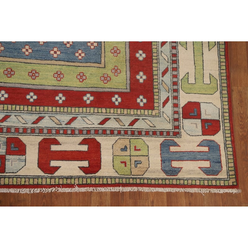 Light Green Kazak Oriental Area Rug Hand-Knotted Wool Carpet - 8'6"x 11'7"