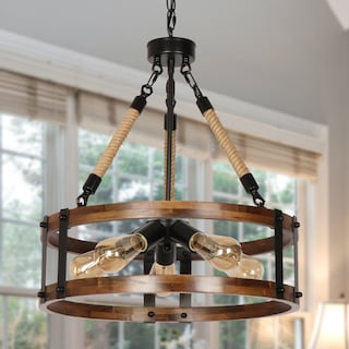 Farmhouse 5-Lights Drum Chandelier Round Wood Hanging Lighting for Dining Room Kitchen Island