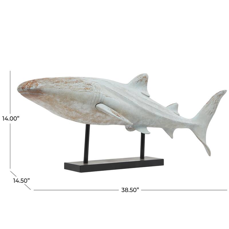 Polystone Shark Distressed Decorative Sculpture with Brown Wood Inspired Accents and Black Stand - Light Blue- Roche River Decor