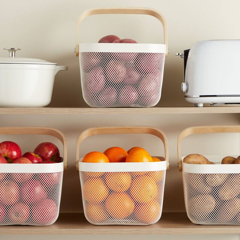4 Pack Mesh Fruit Basket with Wooden Handles, Square, White, 9.5 x 9.5 x 7 In