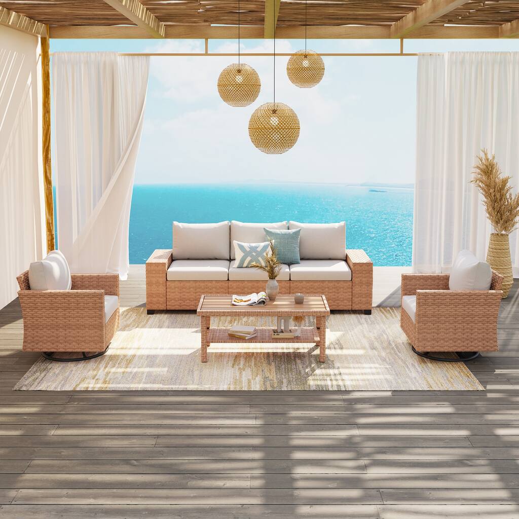 Outdoor Conversation Set 4-Piece with Swivel Chair and 3-Seater Sofa with Cushion and Coffee Table PE Wicker Rattan