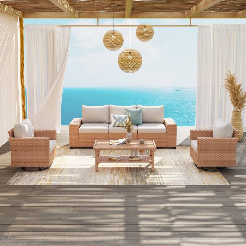 Outdoor Conversation Set 4-Piece with Swivel Chair and 3-Seater Sofa with Cushion and Coffee Table PE Wicker Rattan - Brown rattan and beige cushions