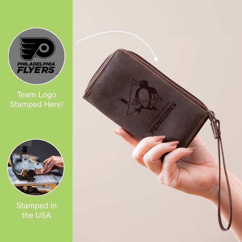 Brown Leather Cell Phone Wristlet Wallet, Philadelphia Flyers - 4" x 7"
