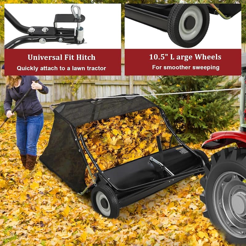 42 in Tow-Behind Grass and Leaf Sweeper Pull-Behind with Large Capacity Hopper Black