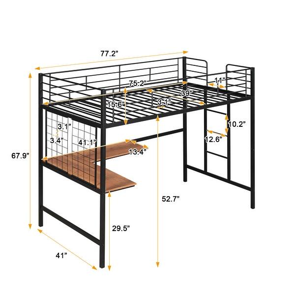 dimension image slide 1 of 2, Twin Size Loft Bed with Built-in MDF Desk and Metal Grid, Metal Slat Bed Frame with Full-Length Guardrails and 4-Step Ladder