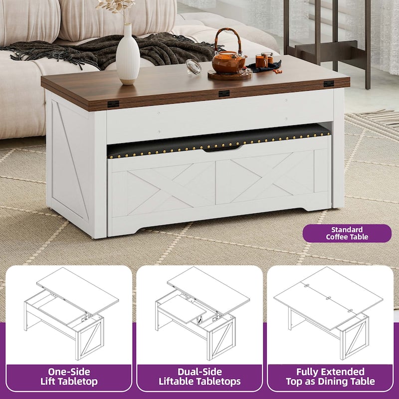 Moasis Farmhouse Lift-Top Coffee Table Dinning Center Table with Storage Ottoman Bench Set