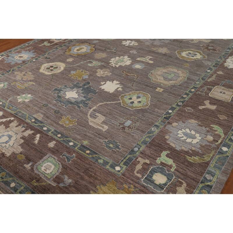 Hand Knotted Oriental 100% Wool Carpet Transitional All-Over Brown Oushak Area Rug - 11' 6'' X 9' 0''