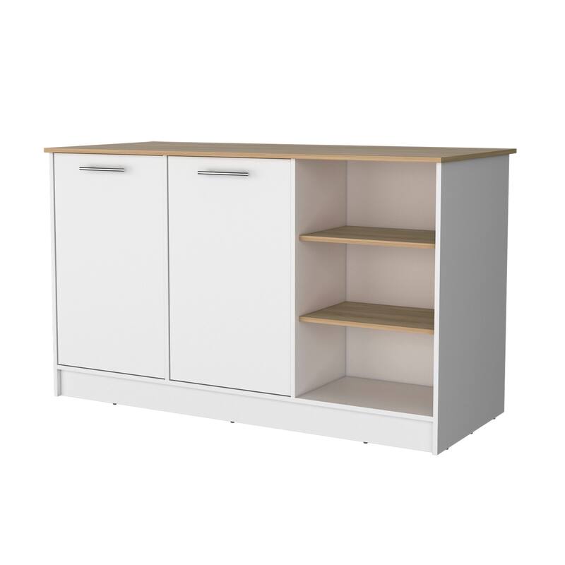 White and Ash 2-Door Kitchen Island with 3 Open Shelves
