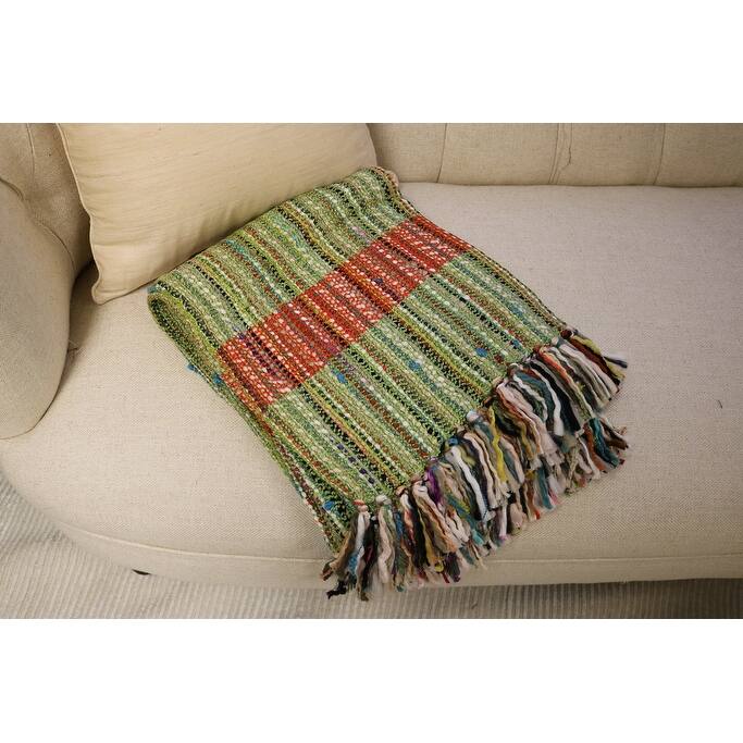 Home&Manor Handcrafted Wool & Cotton Throw Blanket Verdant Ember