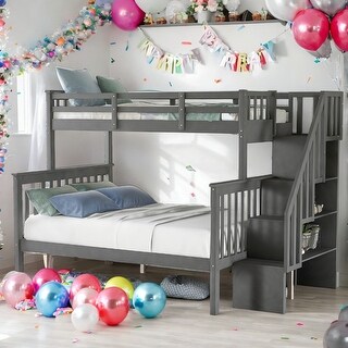 Twin Over Full Bunk Bed with Storage and Guard Rail for Bedroom