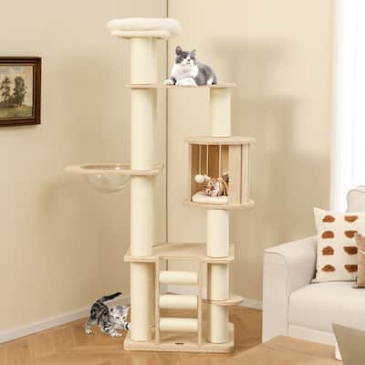 71 Inch Tall Wooden Cat Tree Tower with Cozy Perch Condo Space Capsule - 24" x 20" x 71"