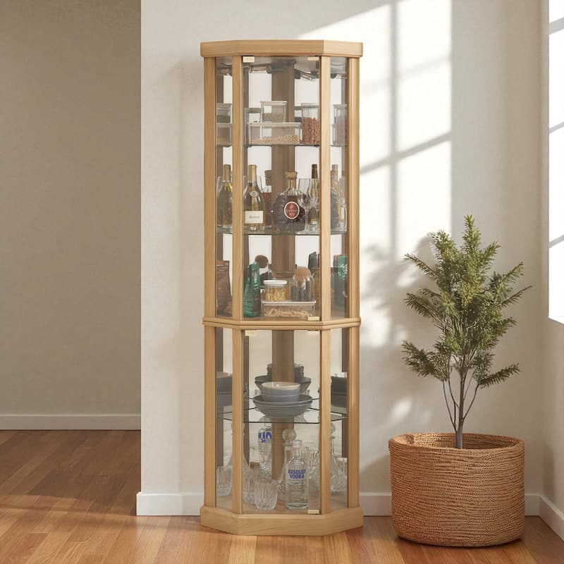 Lighted Corner Curio Cabinet with Glass Doors, Adjustable Shelves & Mirrored Back, Elegant Display Case for Wine - Oak