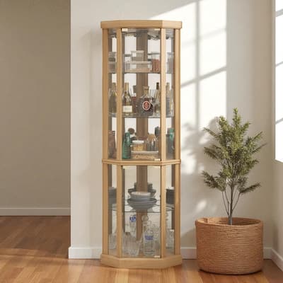 Lighted Corner Curio Cabinet with Glass Doors, Adjustable Shelves & Mirrored Back, Elegant Display Case for Wine
