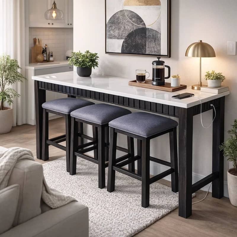 4 Piece Marble Top Table and Stool Set, White and Brown