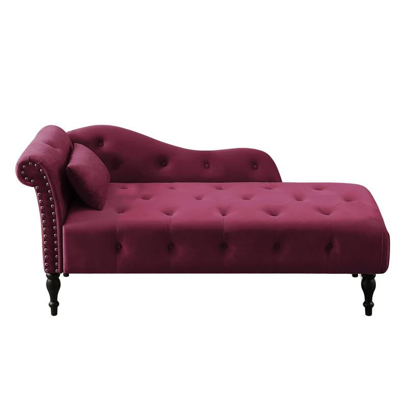 Modern 60.6" Velvet Upholstered Buttons Tufted Chaise Lounge Chair with Solid Wood Legs and Nailheads