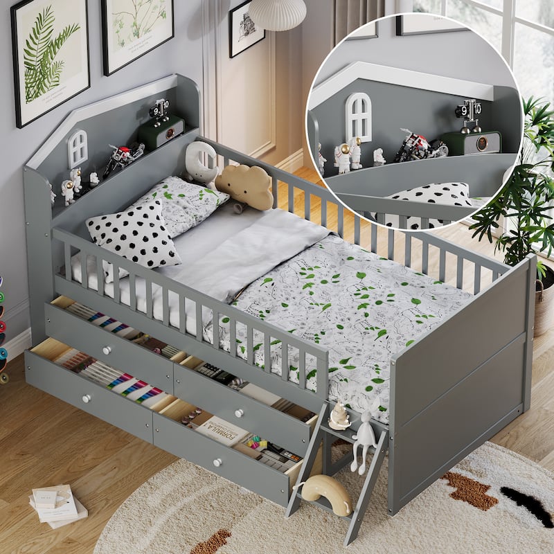 Twin Bed Frame with Storage 4 Drawers - Gray
