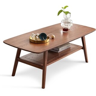 Solid Wood Coffee Table with Storage Shelf, 2-Tier Design for Living ...
