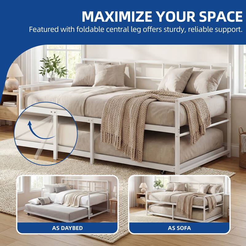 Moasis Twin Daybed with Pull Out Trundle, Metal Trundle Bed