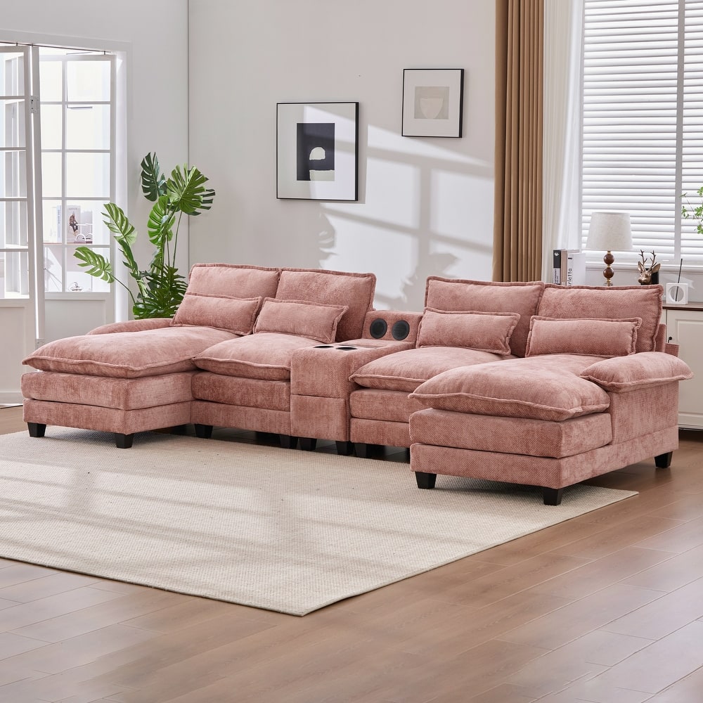 6-seat Chenille Upholstered Modern U-shaped Sectional Multifunctional Sofa with 2 Cup Holders,Pull-out Storage Space
