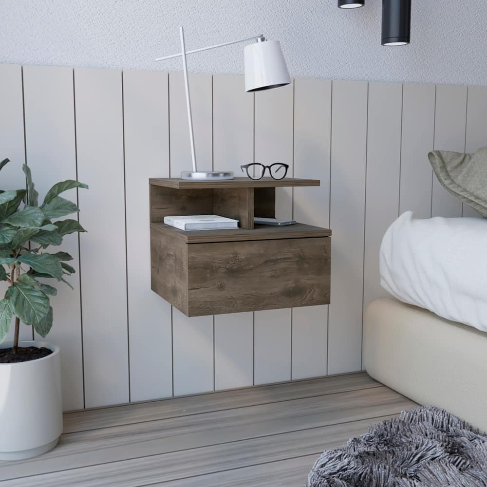 Floating Nightstand with Drawer and Open Storage Shelves for Bedroom, Living Room
