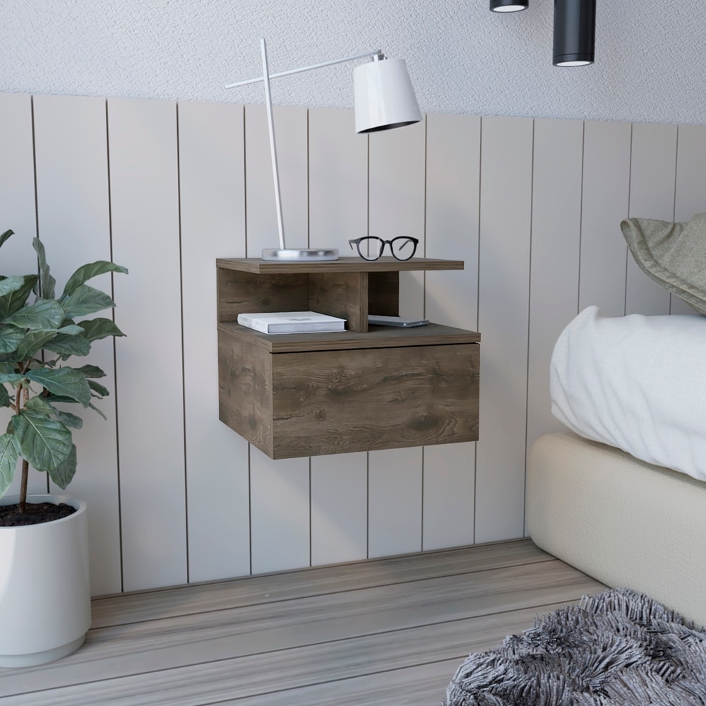 Floating Nightstand with Drawer and Open Storage Shelves - Brown
