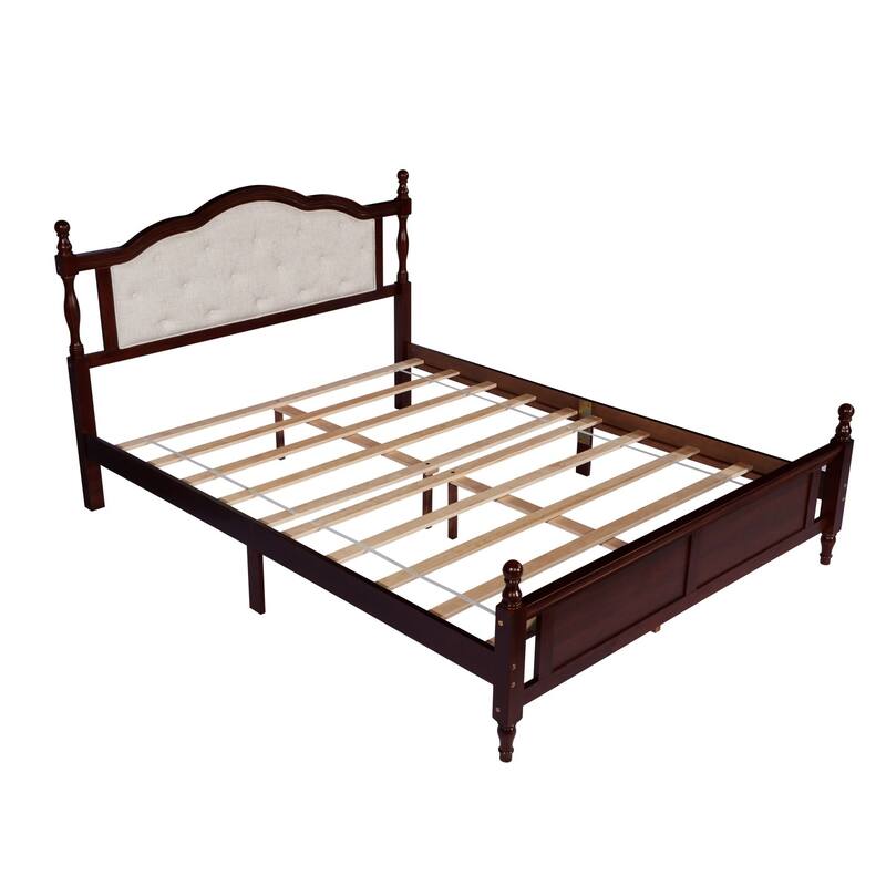 Solid Wood Queen Size Platform Bed Frame with Upholstered Headboard