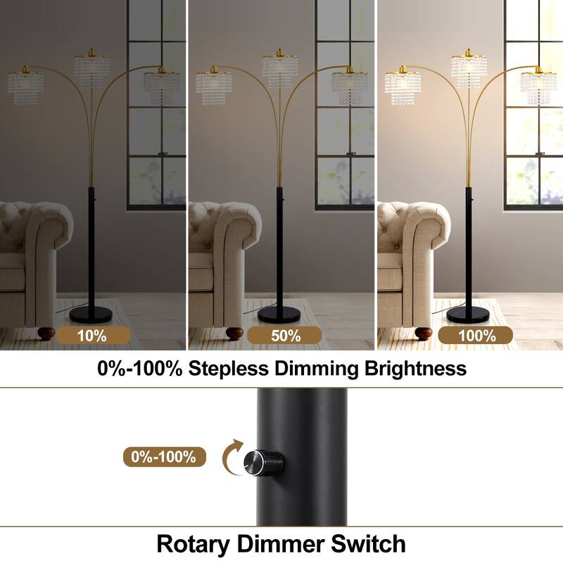 Brio 85" 3-Light Modern Gold Crystal Arc Floor Lamp - 85