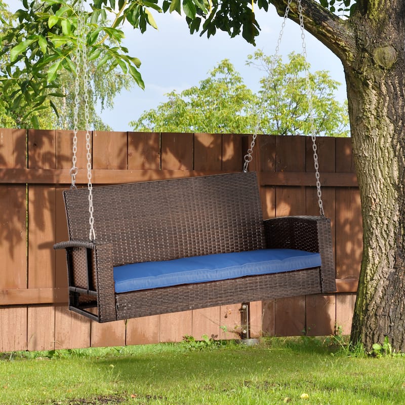 Outsunny 2 Person Wicker Hanging Swing Bench, Front Porch Swing Outdoor Chair with Cushions 550 lbs - Dark Blue
