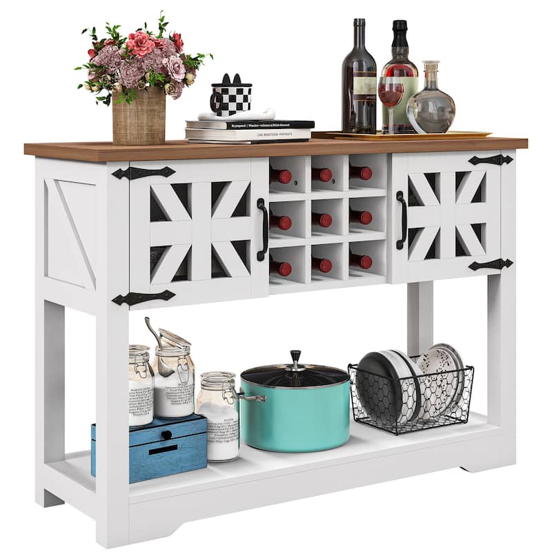 45.5" Farmhouse White Wood Entryway Console Table Buffet Storage Cabinet Wine Rack - 45.3"Lx15"Wx31.5"H