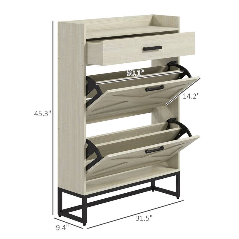 Narrow Shoe Cabinet, with 2 Flip Drawers, Adjustable Shelves and Top Drawer, Hidden Shoe Storage for 12 Pairs of Shoes