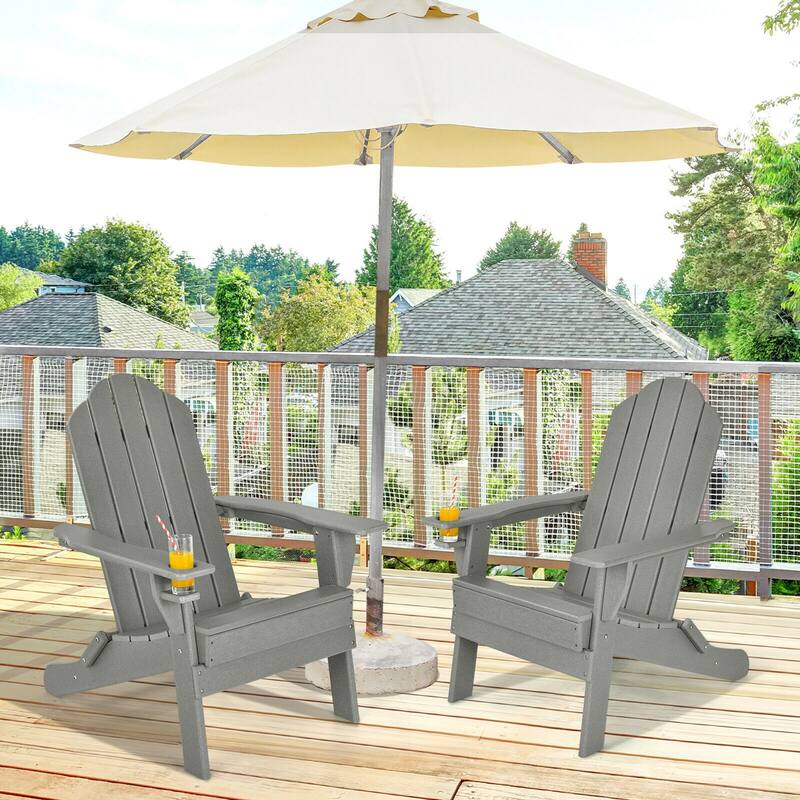 Gymax 2PCS Patio Folding Adirondack Chair Weather Resistant Cup Holder