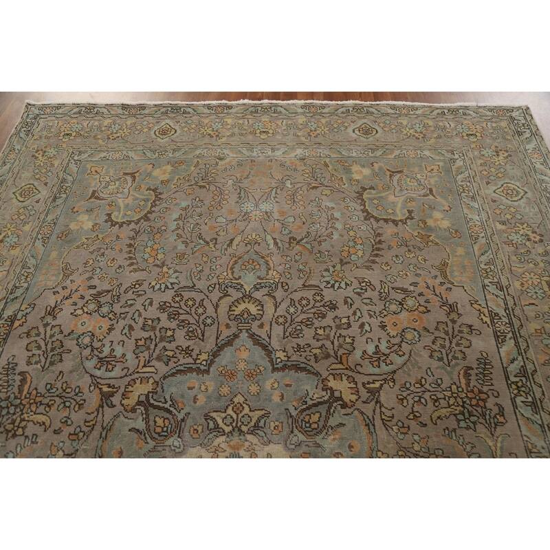 Hand Knotted Oriental 100% Wool Carpet Traditional Floral Brown Tabriz Area Rug - 11' 3'' X 7' 10''