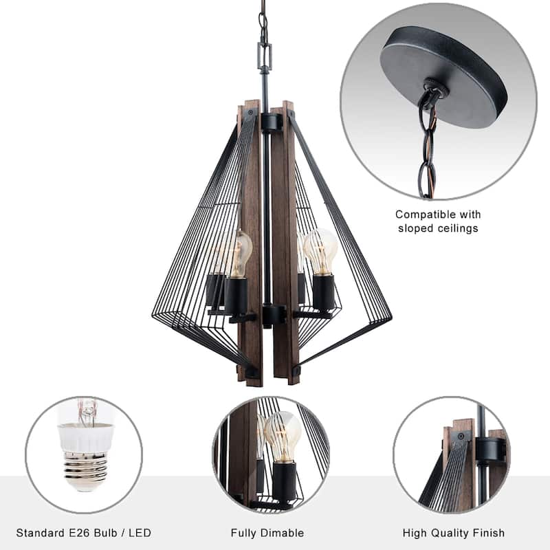 4-Light Black Metal and Wood Pendant Light - 18"D x 18"W x 96"H