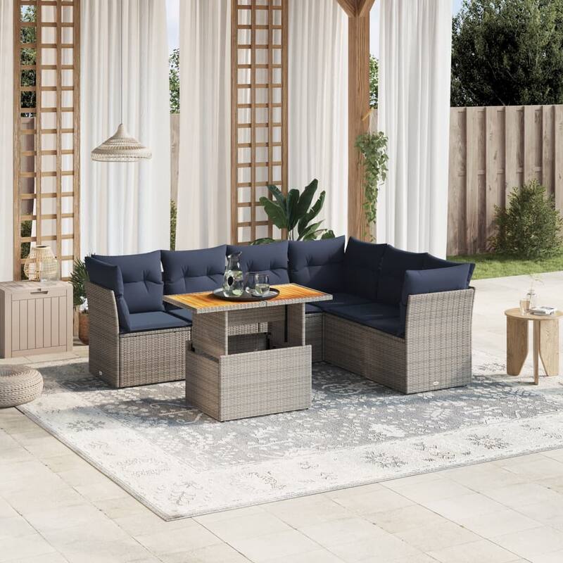 vidaXL 7 Piece Patio Sofa Set with Cushions Gray Poly Rattan - 24.4" x 24.4" x 27.2" - Gray 3x middle + 3x corner + table