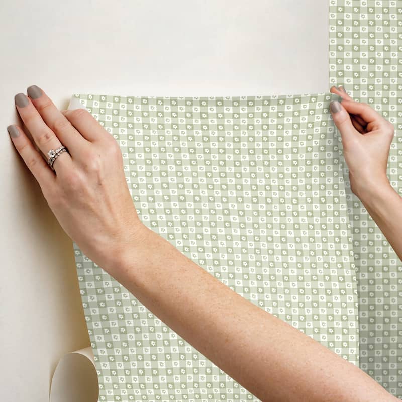 Rifle Paper Co. Daisy Gingham Green Floral Check Premium Peel + Stick Wallpaper