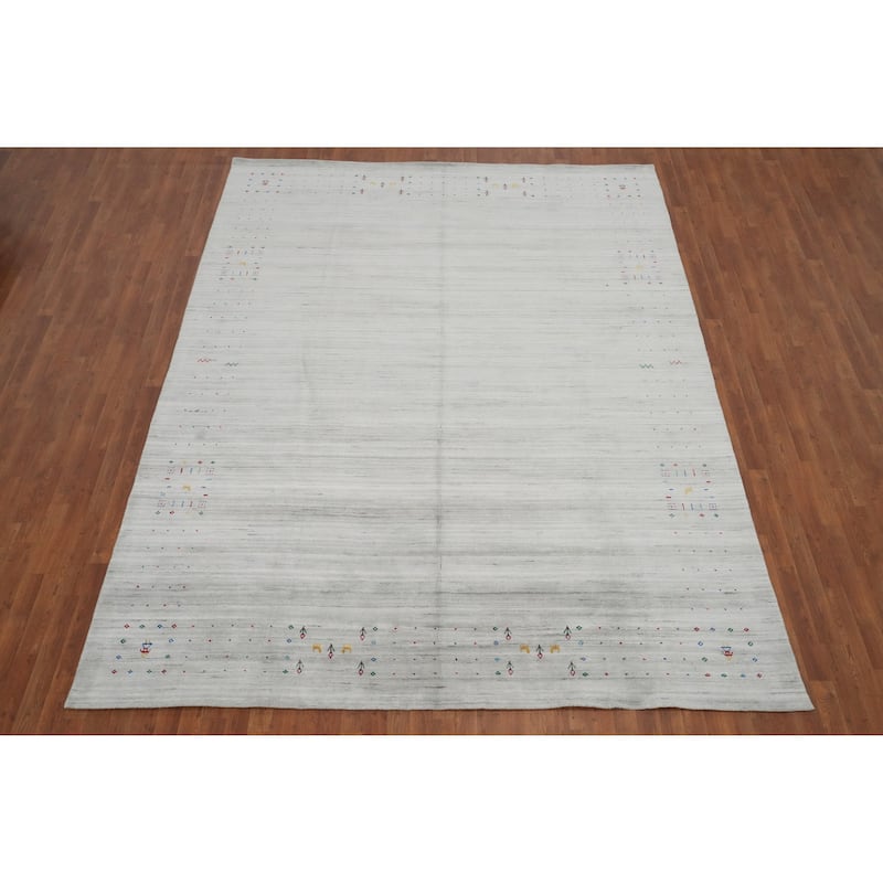 Hand Knotted Oriental Viscose Silk Carpet Tribal Animal Pictorial Greys & Charcoal Gabbeh Area Rug - 11' 8'' X 8' 10''