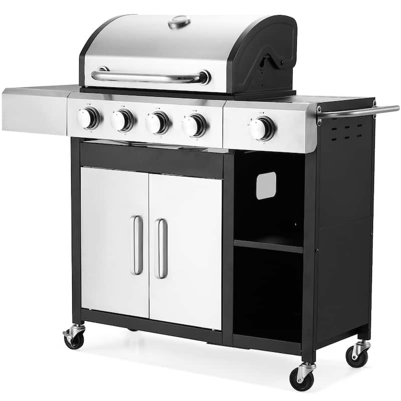 Outdoor Propane Gas Grill with Pizza Oven, 4+1 / 5+1 Burners, Side Burner, Removable Grates, Stainless Steel BBQ Grill - Silver - Propane Gas