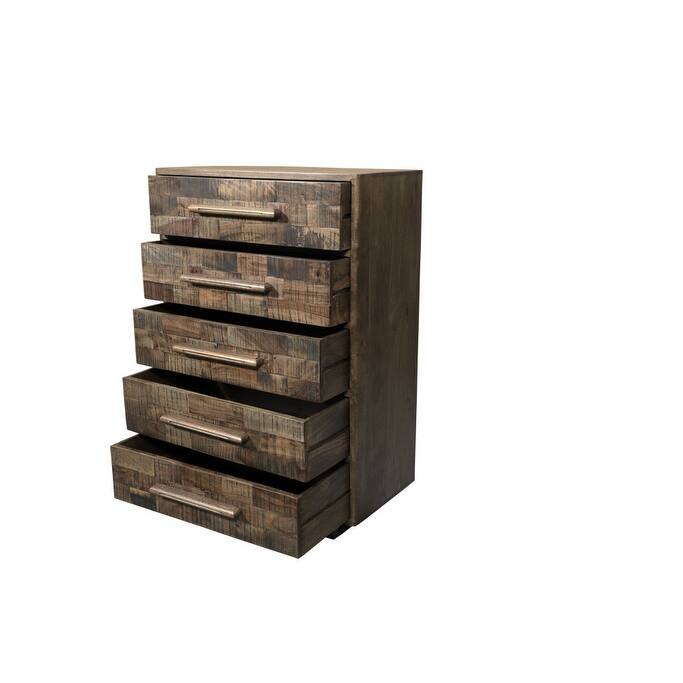 HomeRoots 35" Brown Carved Geometric Solid Wood Five Drawer Dresser