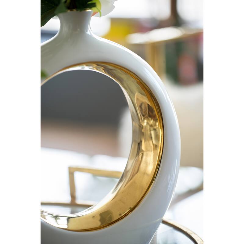11x3.1x12" Round Ceramic Vase with Gold Accent Modern Home Decor