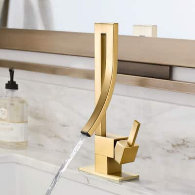 13.58"H Solid Brass Creative Design Single Handle Waterfall Bathroom Sink Faucet with Pop-Up Drain Assembly